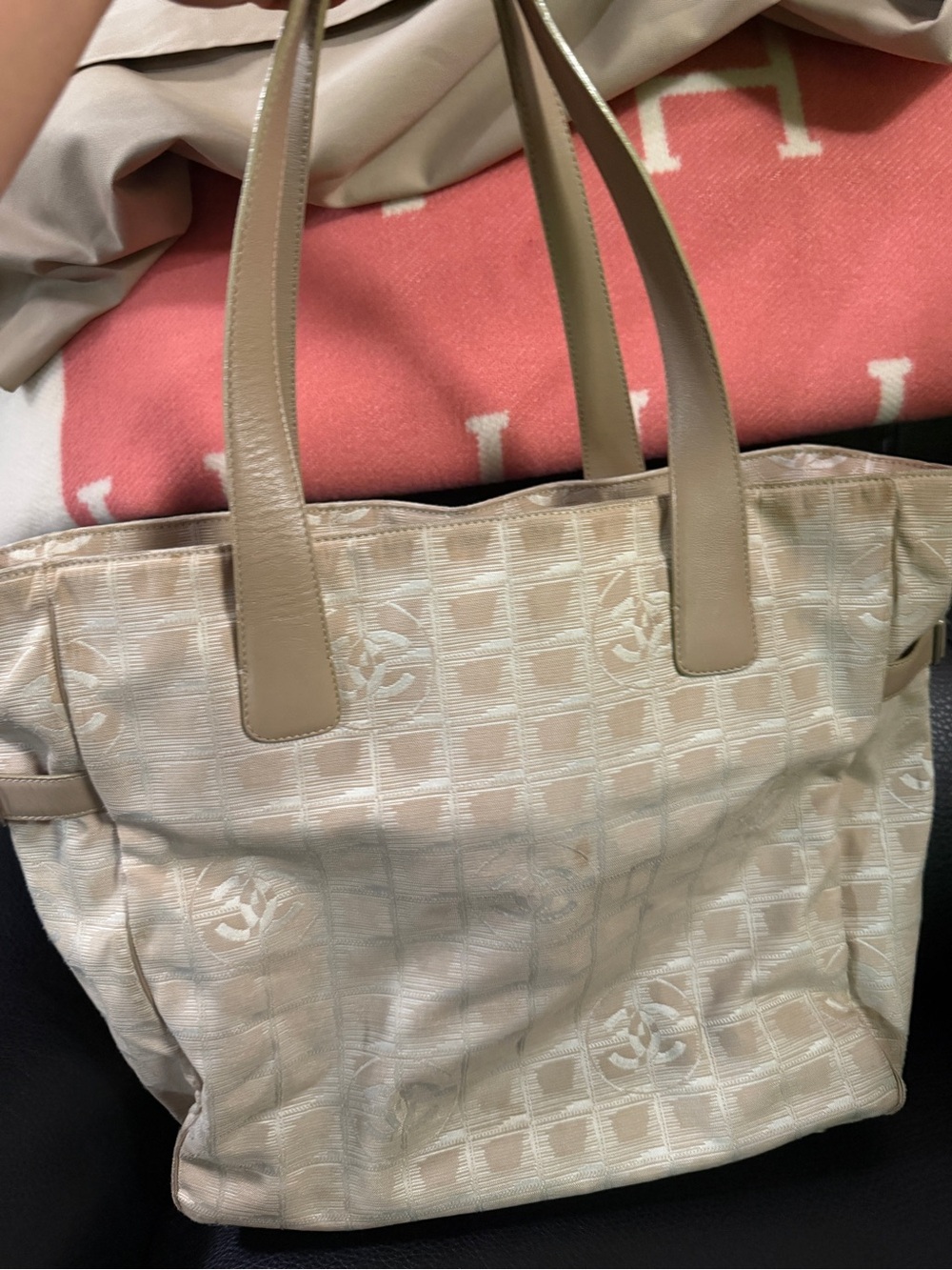 CHANEL Beige Quilted Logo Tote with Leather Handles